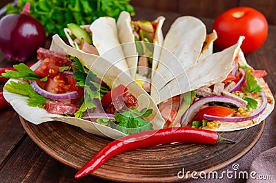 East pita bread with various fillings (meat, salami, egg, cucumber, parsley, tomato, chili pepper, Dijon mustard) Stock Photo