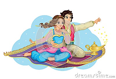 East Princess and Aladdin on magic carpet. Isolated image on white background. Cartoon illustration for children`s print, sticker. Vector Illustration