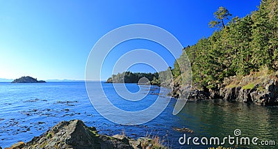 Vancouver Island Coast Landscape Panorama of Iron Mine Bay from Cabin Point, East Sooke Regional Park, British Columbia, Canada Stock Photo