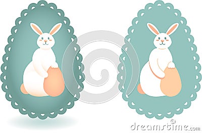 Set of two stylized images of Easter Bunny on egg silhouette background with lace edge. Stock Photo