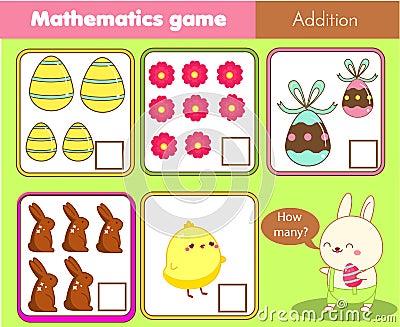 Easter activity. Counting educational children game. Mathematics activity for kids and toddlers. How many objects. Study math, Vector Illustration