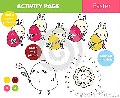 Easter activity page for kids. Educational children game set. Coloring page, connect the dots, find same Vector Illustration