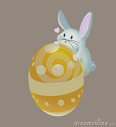 An adorable white cute rabbit climbs on the colourful Easter egg. Cartoon Illustration