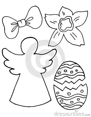 Easter angel, bow, egg, flower set, outline decorations, stickers Cartoon Illustration