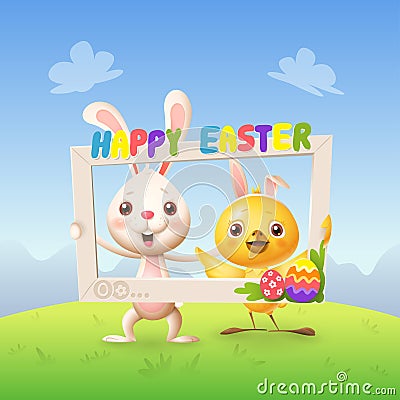 Easter animals - Happy cute bunny and chicken celebrate Easter with social network photo frame - spring landscape background Vector Illustration