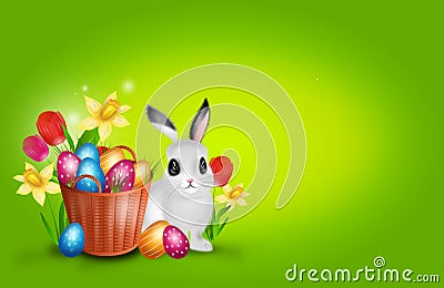 Easter background with basket with pile of easter eggs and bunny Cartoon Illustration