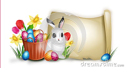 Easter background with basket with pile of easter eggs and rabbit Cartoon Illustration