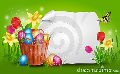 Easter background with basket with pile of easter eggs Cartoon Illustration