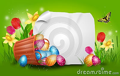 Easter background with basket with pile of easter eggs Cartoon Illustration