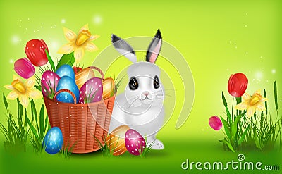 Easter background with basket with pile of easter eggs Cartoon Illustration