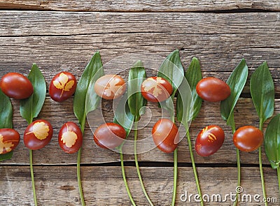 Easter Holiday. Colored eggs with a decoction from the onion skin. The traditional method of natural dyeing. Easter eggs with Stock Photo