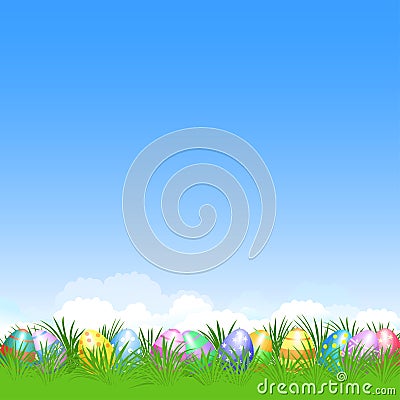 Easter background and colorful Easter eggs in green grass for Ea Vector Illustration