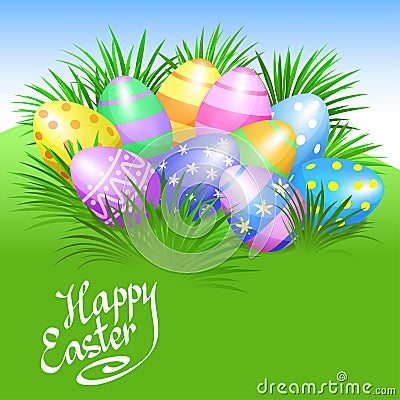 Easter background and colorful Easter eggs in green grass Vector Illustration