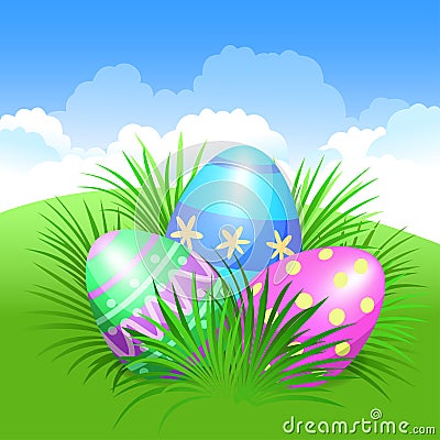 Easter background and colorful Easter eggs in green grass Vector Illustration