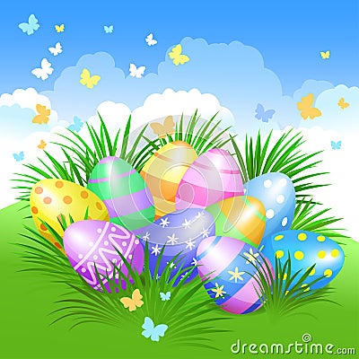 Easter background and colorful Easter eggs in green grass Vector Illustration