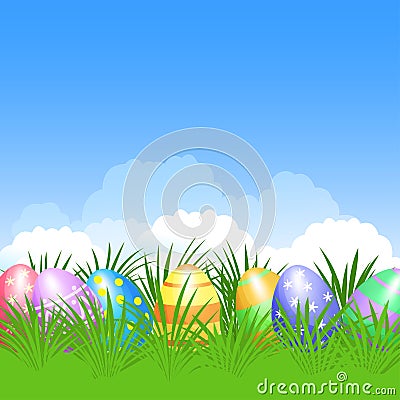 Easter background and colorful Easter eggs in green grass Vector Illustration