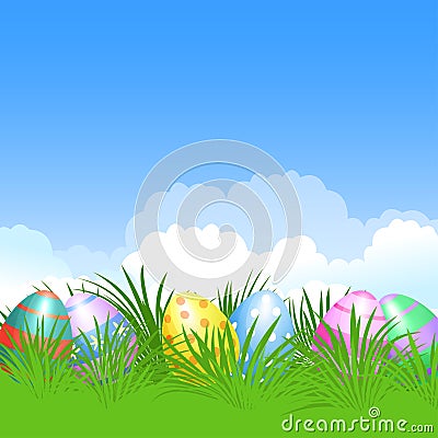 Easter background and colorful Easter eggs in green grass Vector Illustration