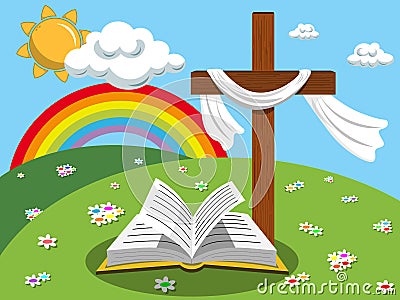 Easter background cross open bible gospel meadow Vector Illustration