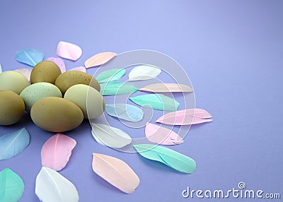 Easter background. Easter egg composition of olive eggs and pastel color feathers on violet background Stock Photo