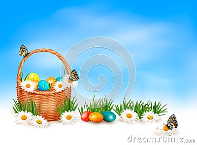 Easter background with Easter eggs in basket Vector Illustration