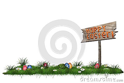 Easter background with eggs in the grass and Happy Easter sign Stock Photo