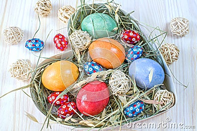 Colorful Easter eggs, nest Stock Photo