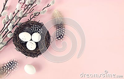 Easter background, eggs in nest top view empty copy space for text.Holiday card, flat lay objects, festive decor,composition on Stock Photo