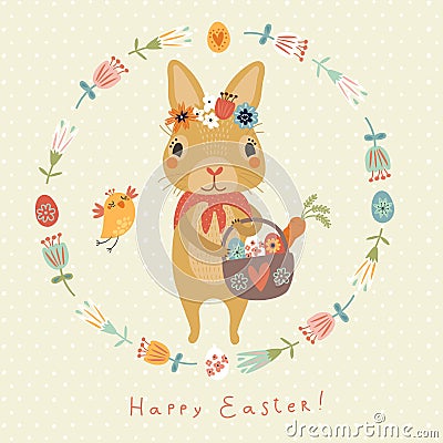 Easter background with funny rabbit and birds Vector Illustration