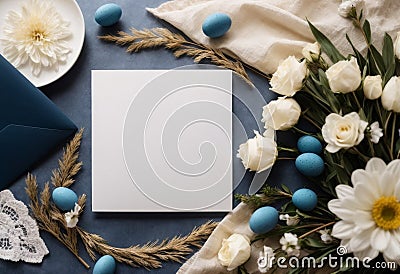 Easter background with greeting card mockup, empty blank paper , Stock Photo