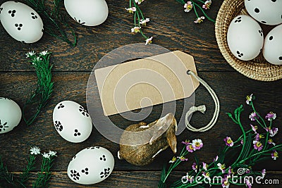 Easter background.Happy easter eggs pained on wood bask Stock Photo