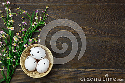 Easter background.Happy easter eggs pained on wood bask Stock Photo