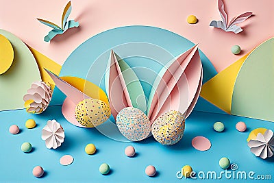 Easter background with decorations made of paper, origami Cartoon Illustration