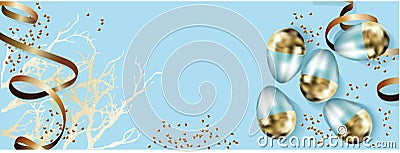 Easter background with place for text. Banner or poster for Easter. Blue. Golden eggs. Spring Break. Promotions and sales. Website Vector Illustration