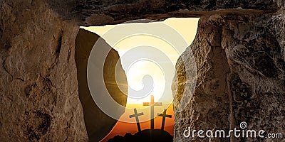 Easter background - Resurrection of Jesus Christ in Golgota / Golgotha jerusalem israel, empty tomb, sunrise and three crucefix Stock Photo