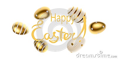 Easter background white. Easter composition: golden shine decorated eggs in shape frame. For greeting card, promotion Stock Photo
