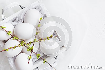 Easter background white eggs green spring twigs Stock Photo