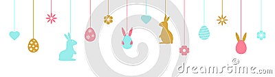 Easter banner with color hanging baubles. Holiday background with bunny, eggs, flowers, hearts line art icons. Happy Vector Illustration