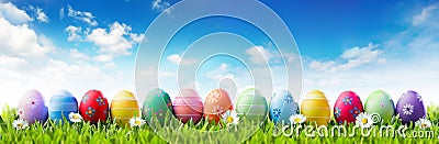 Easter Banner - Colorful Painted Eggs In Row Stock Photo