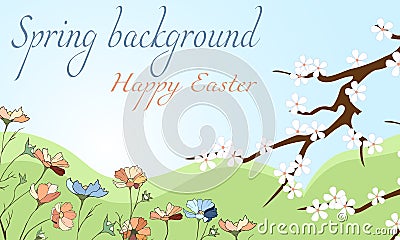 Easter banner with delicate flowers. Vector background with spring flowers for greeting cards and posters. Easter greetings Vector Illustration