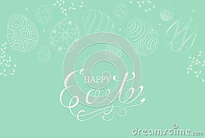 Easter banner with doodle eggs. Background with spring plants. Stock Photo