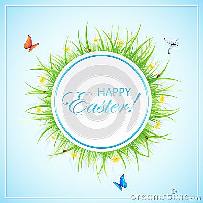 Easter banner with grass and butterflies Vector Illustration