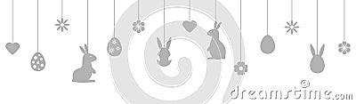 Easter banner with gray hanging baubles. Holiday background with bunny, eggs, flowers, hearts line art icons. Happy Vector Illustration