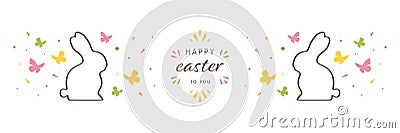 Easter banner with greetings, bunnies and butterflies. Hand drawn doodles and sketches vector vintage illustrations, DIN A6 Cartoon Illustration