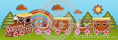 Easter banner. Landscape with gingerbreads train and easter sweets Vector Illustration