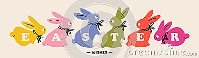 Easter banner with multicolored rabbits. Elegant vector illustration of lovely bunnies with bows. Playful design Vector Illustration