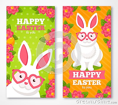 Easter Banners With Flat Cute White Rabbit Vector Illustration