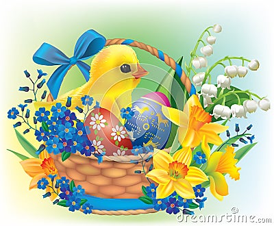 Easter basket with a baby chick Vector Illustration