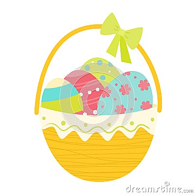 Easter basket with coloful eggs and bow Vector Illustration