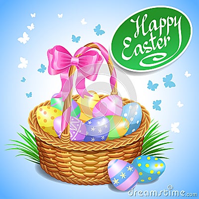 Easter basket with color painted easter eggs. Easter eggs Vector Illustration
