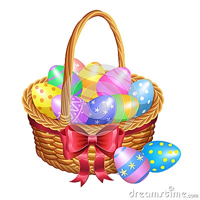 Easter basket with color painted easter eggs isolated on white Vector Illustration